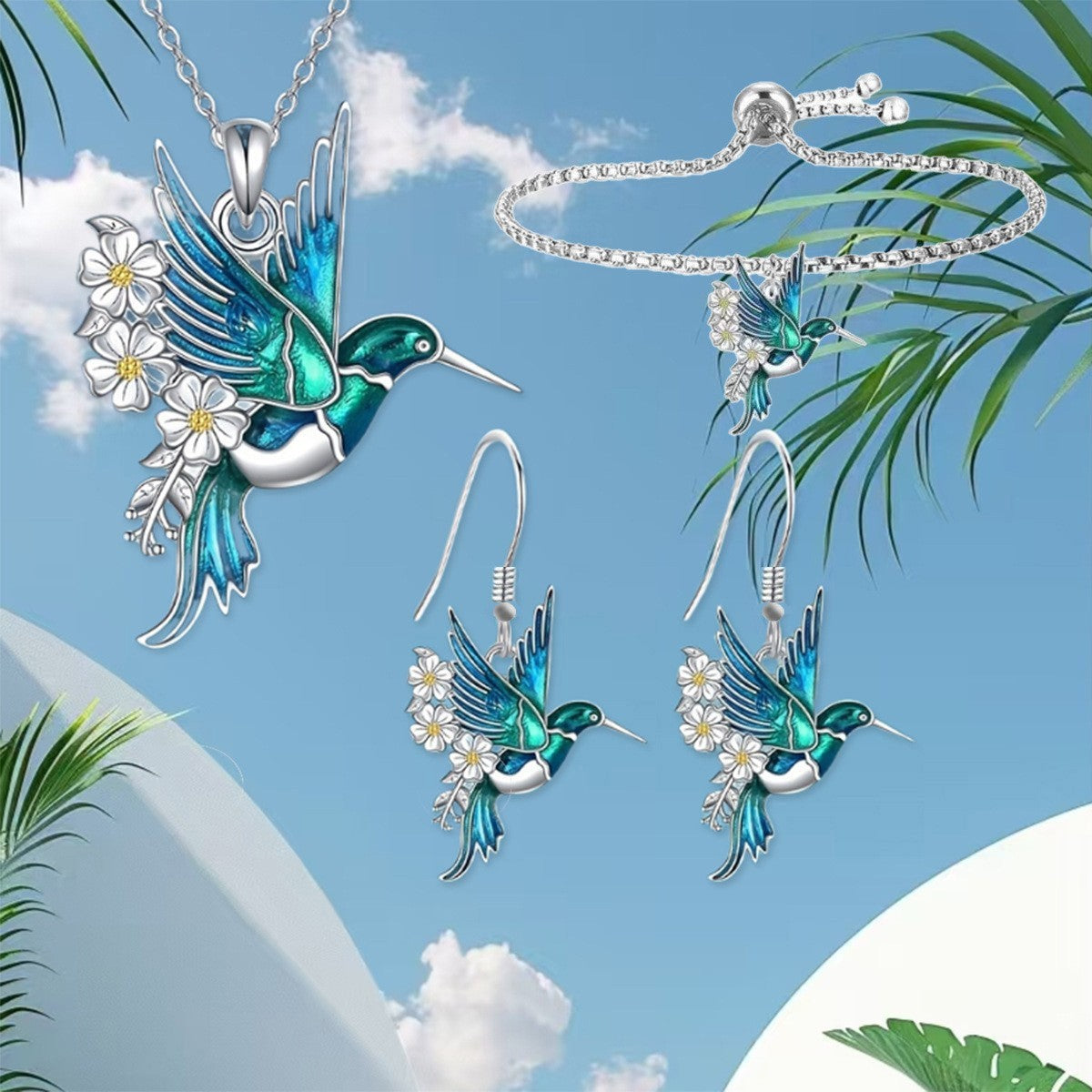 Romantic Enamel Hummingbird Necklace, Bracelet & Earring Set