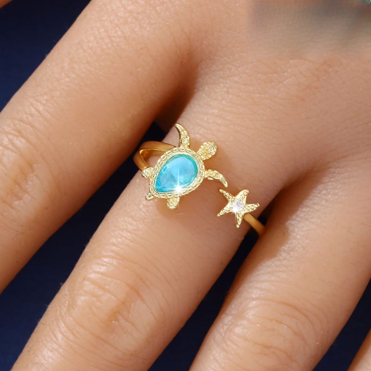 Dainty Sea Turtle & Starfish Open Ring