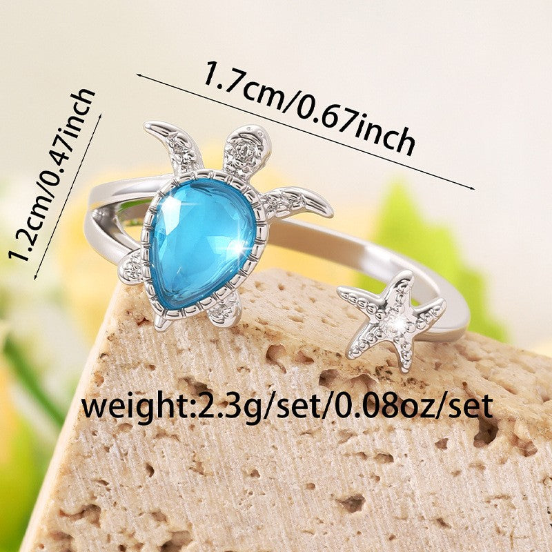 Dainty Sea Turtle & Starfish Open Ring