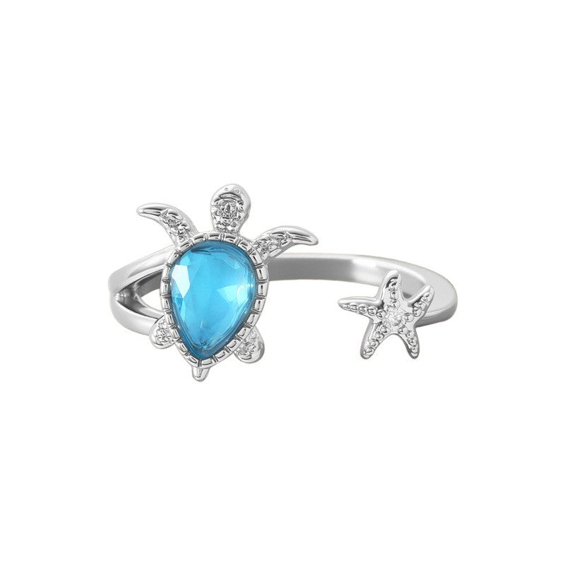 Dainty Sea Turtle & Starfish Open Ring