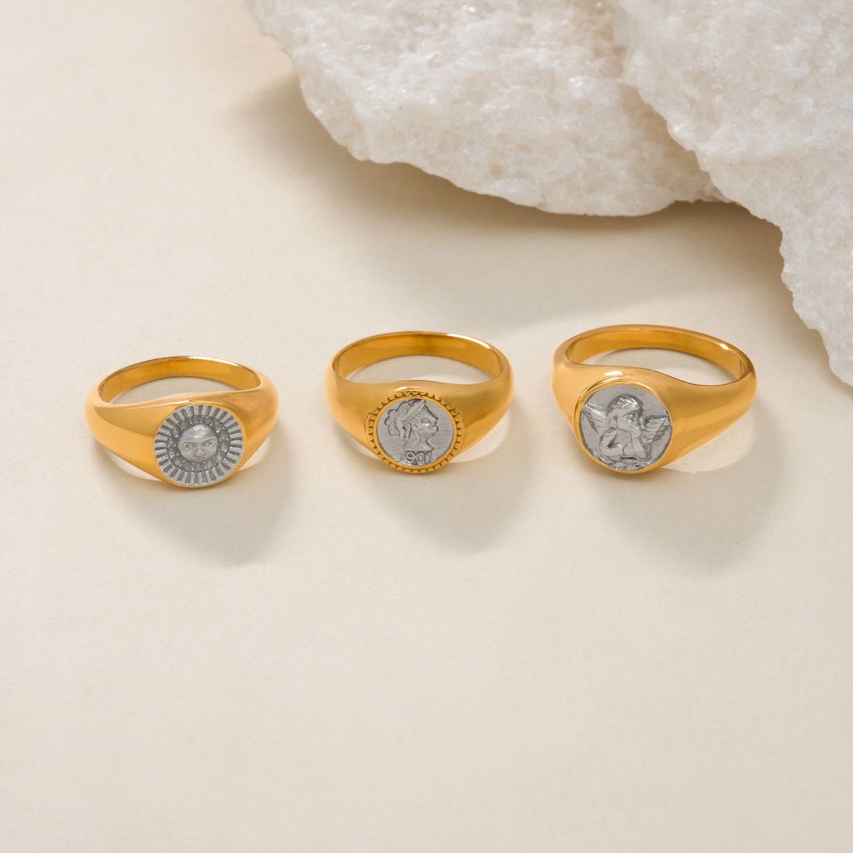 18k Classy Two-Tone Engraved Signet Ring
