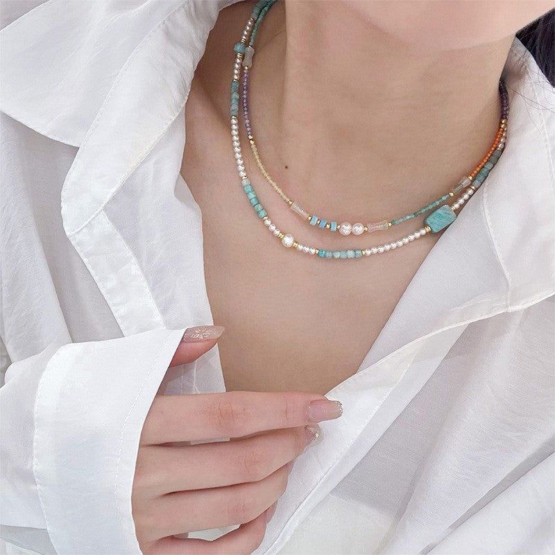 Dainty Amazonite & Pearl Beaded Necklace