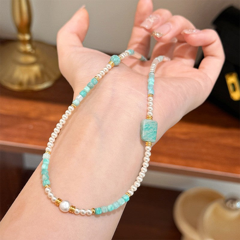 Dainty Amazonite & Pearl Beaded Necklace