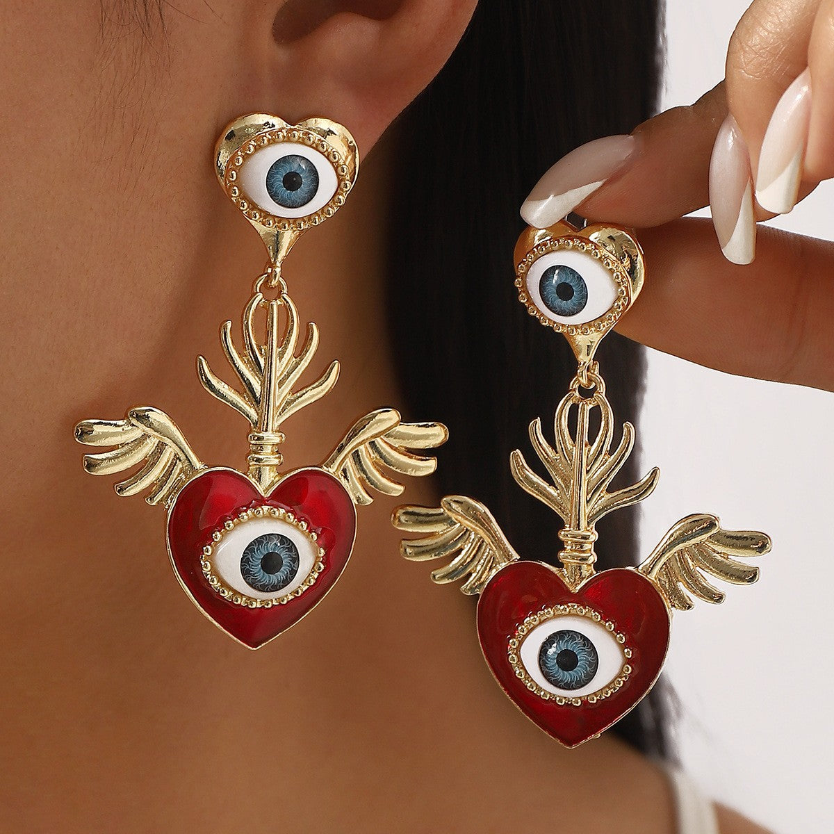 Classy Winged Heart Evil Eye Earrings