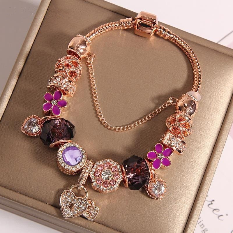 Romantic Purple Floral Heart Charm Bracelet