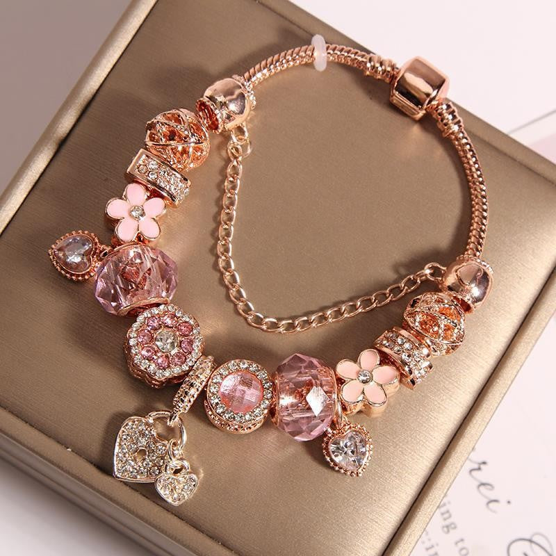 Romantic Purple Floral Heart Charm Bracelet