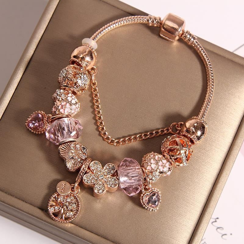 Romantic Purple Floral Heart Charm Bracelet