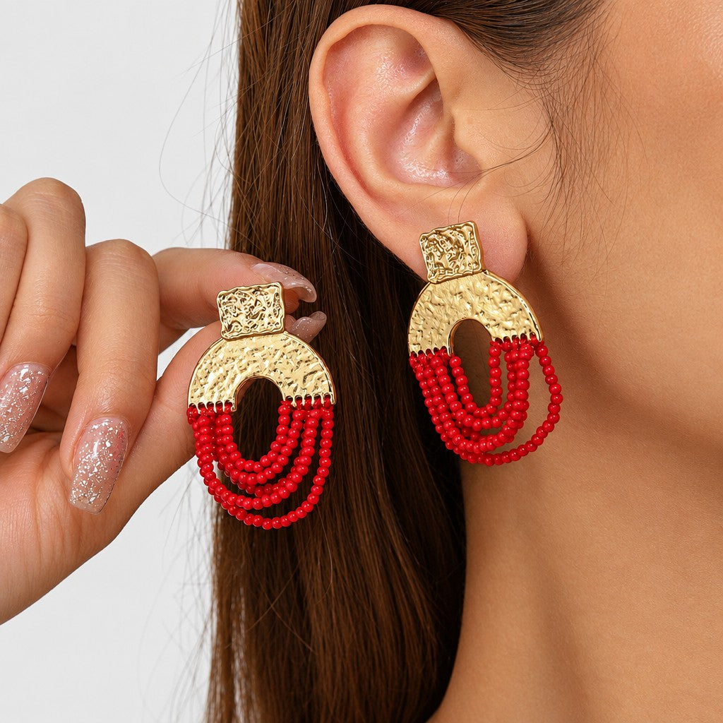 Boho Hammered Red Beaded Dangle Earrings