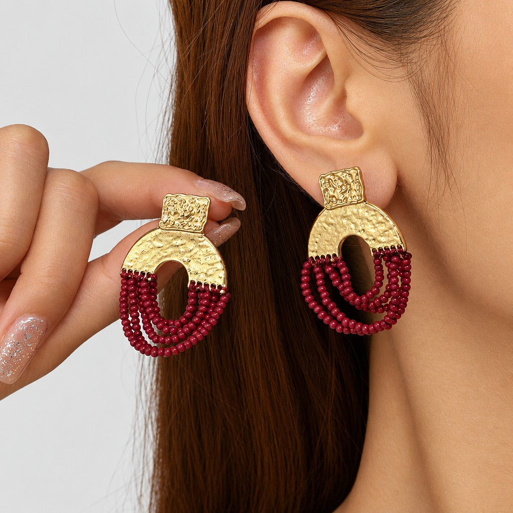 Boho Hammered Red Beaded Dangle Earrings