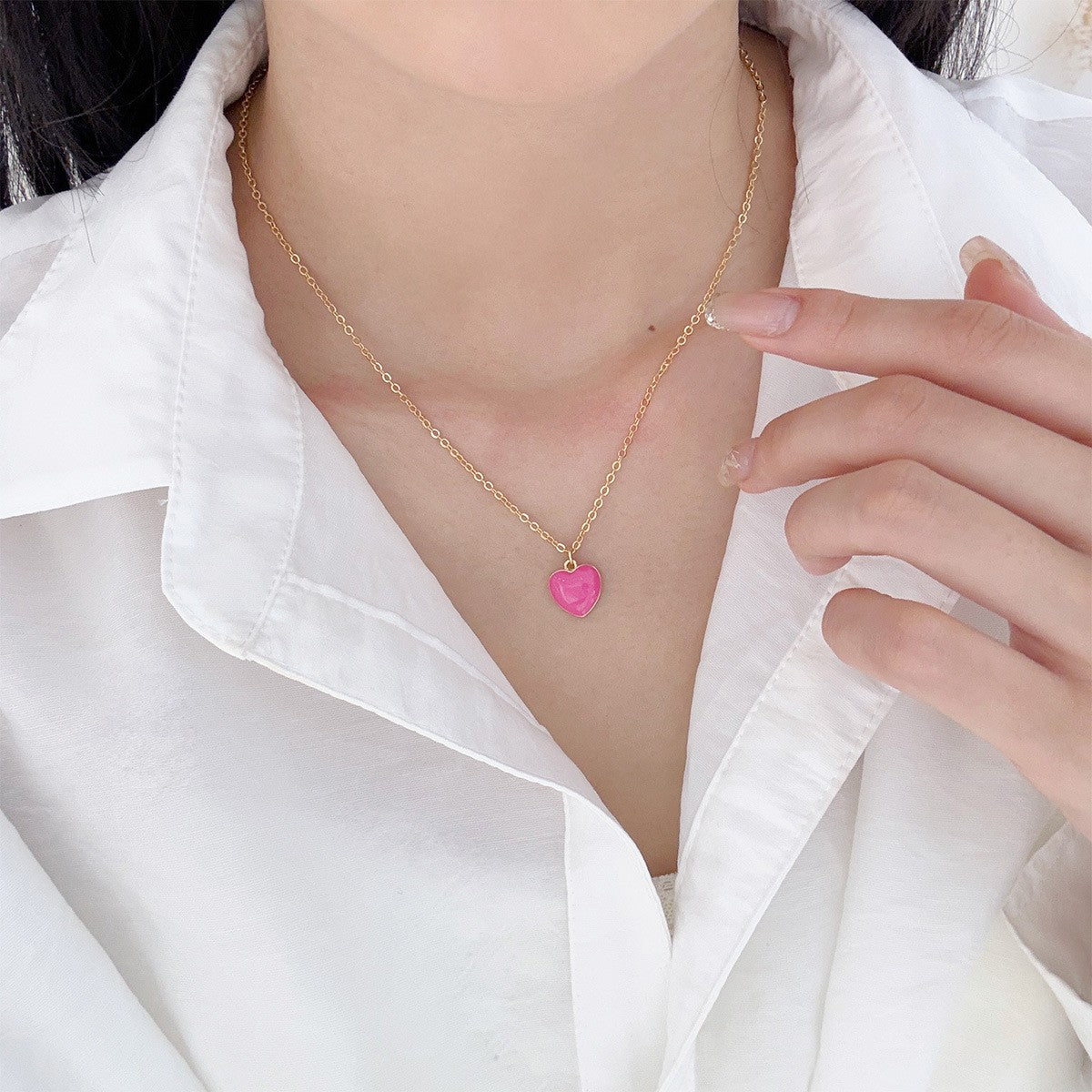 Dainty Pink Enamel Heart Necklace