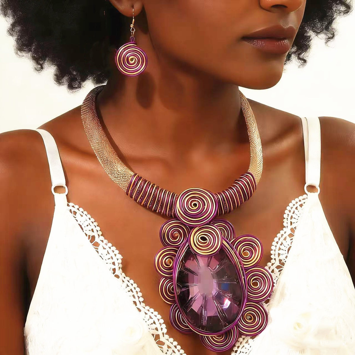 Boho Purple Spiral Crystal Necklace & Earring Set