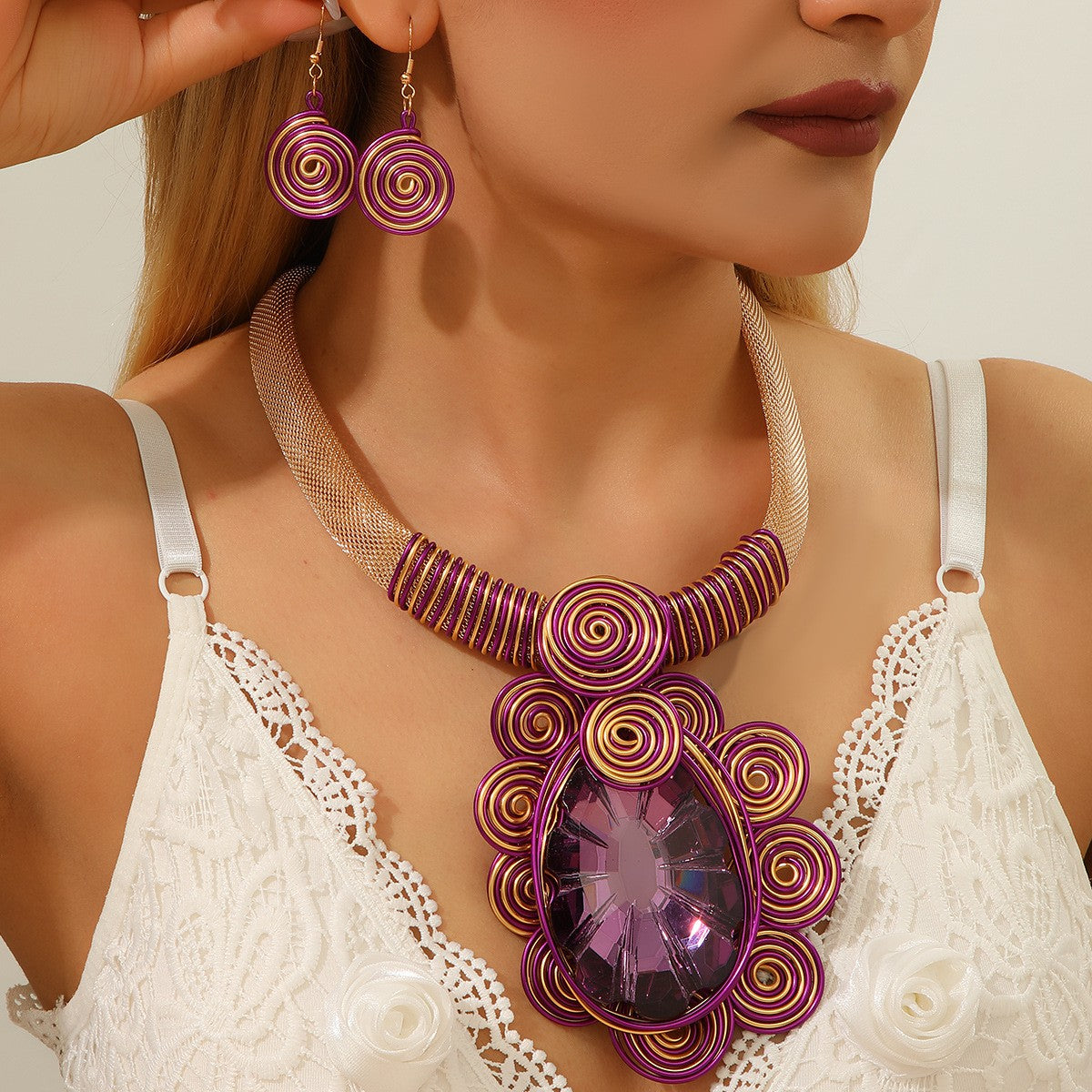 Boho Purple Spiral Crystal Necklace & Earring Set