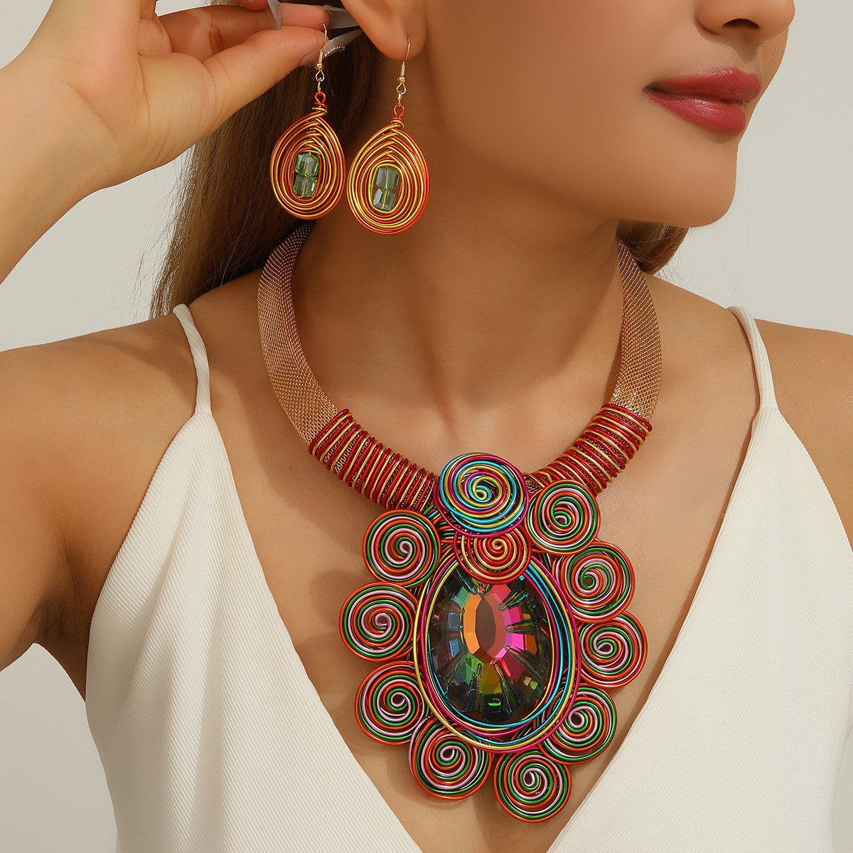 Boho Purple Spiral Crystal Necklace & Earring Set