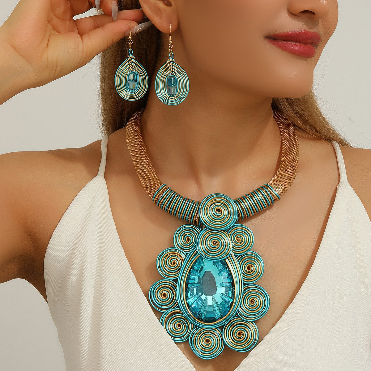 Boho Purple Spiral Crystal Necklace & Earring Set