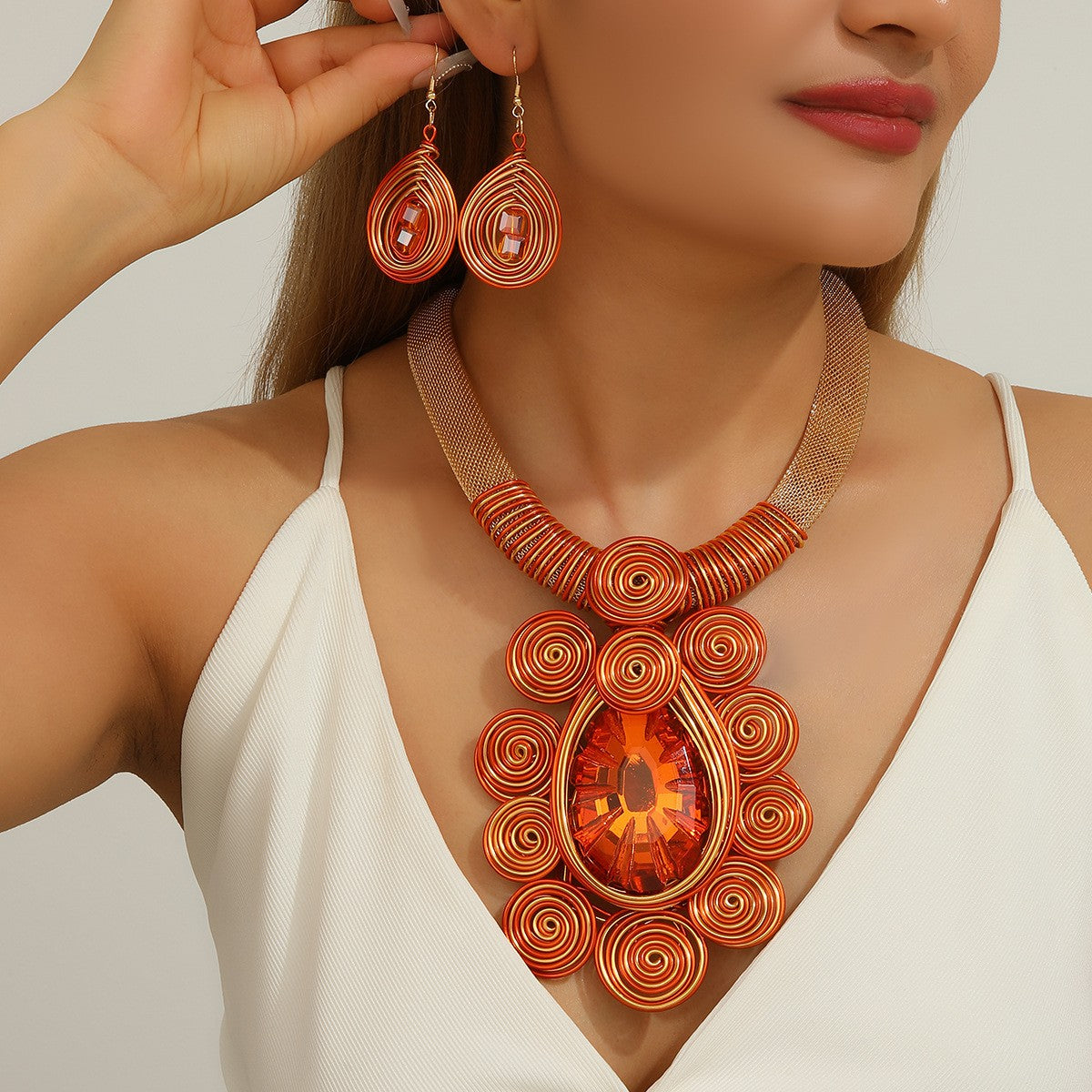 Boho Purple Spiral Crystal Necklace & Earring Set