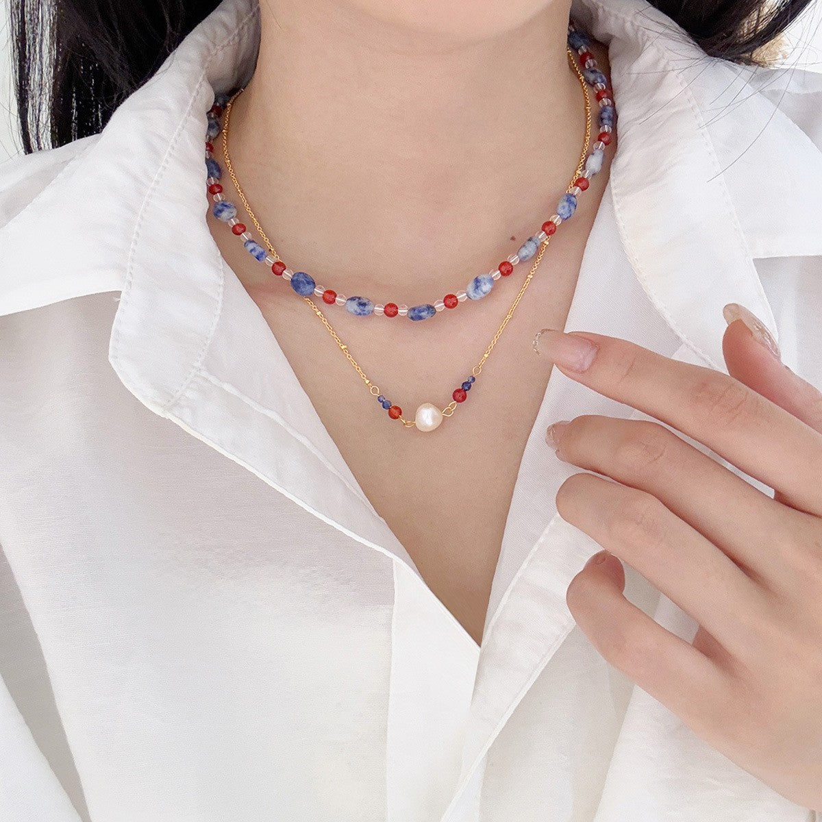 Dainty Marbled Stone & Pearl Necklace Set