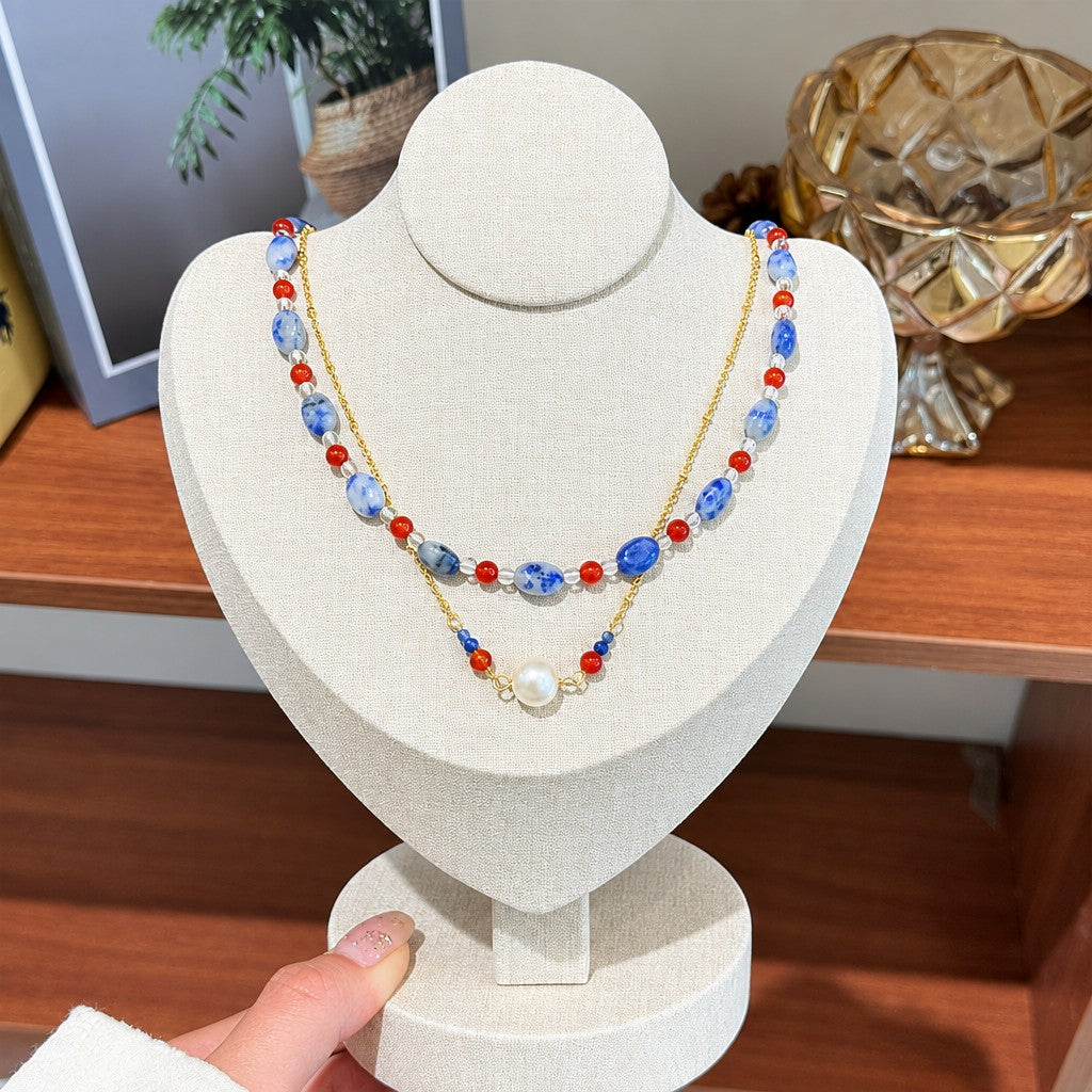 Dainty Marbled Stone & Pearl Necklace Set