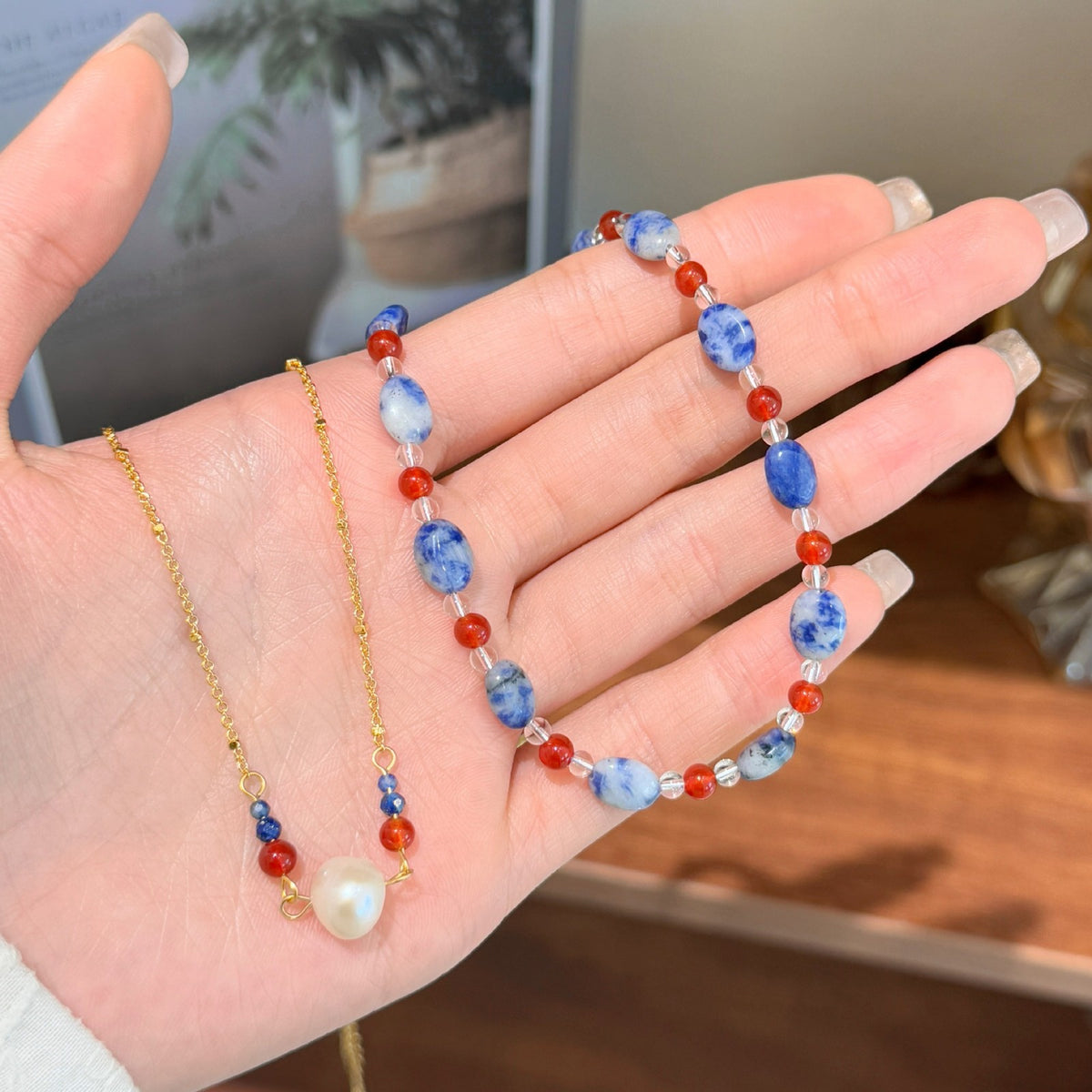 Dainty Marbled Stone & Pearl Necklace Set