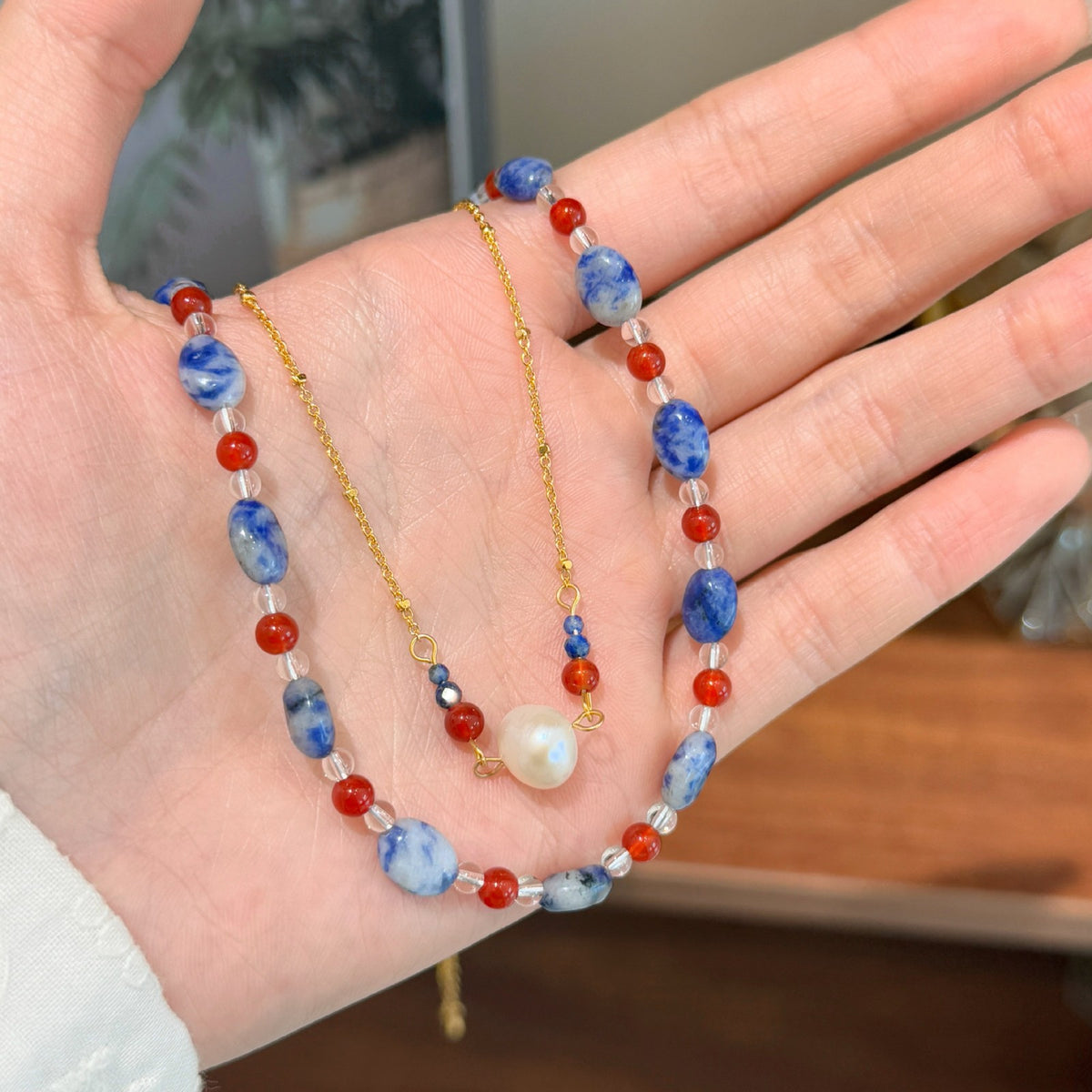Dainty Marbled Stone & Pearl Necklace Set