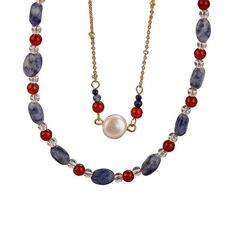 Dainty Marbled Stone & Pearl Necklace Set