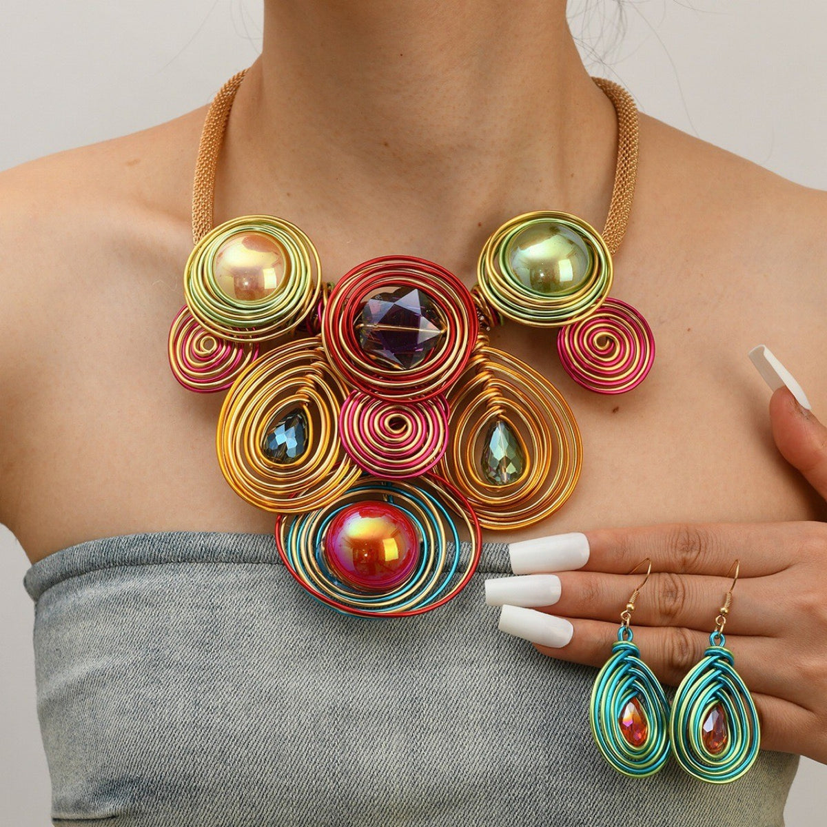 Boho Multicolor Coiled Wire Necklace and Earring Set