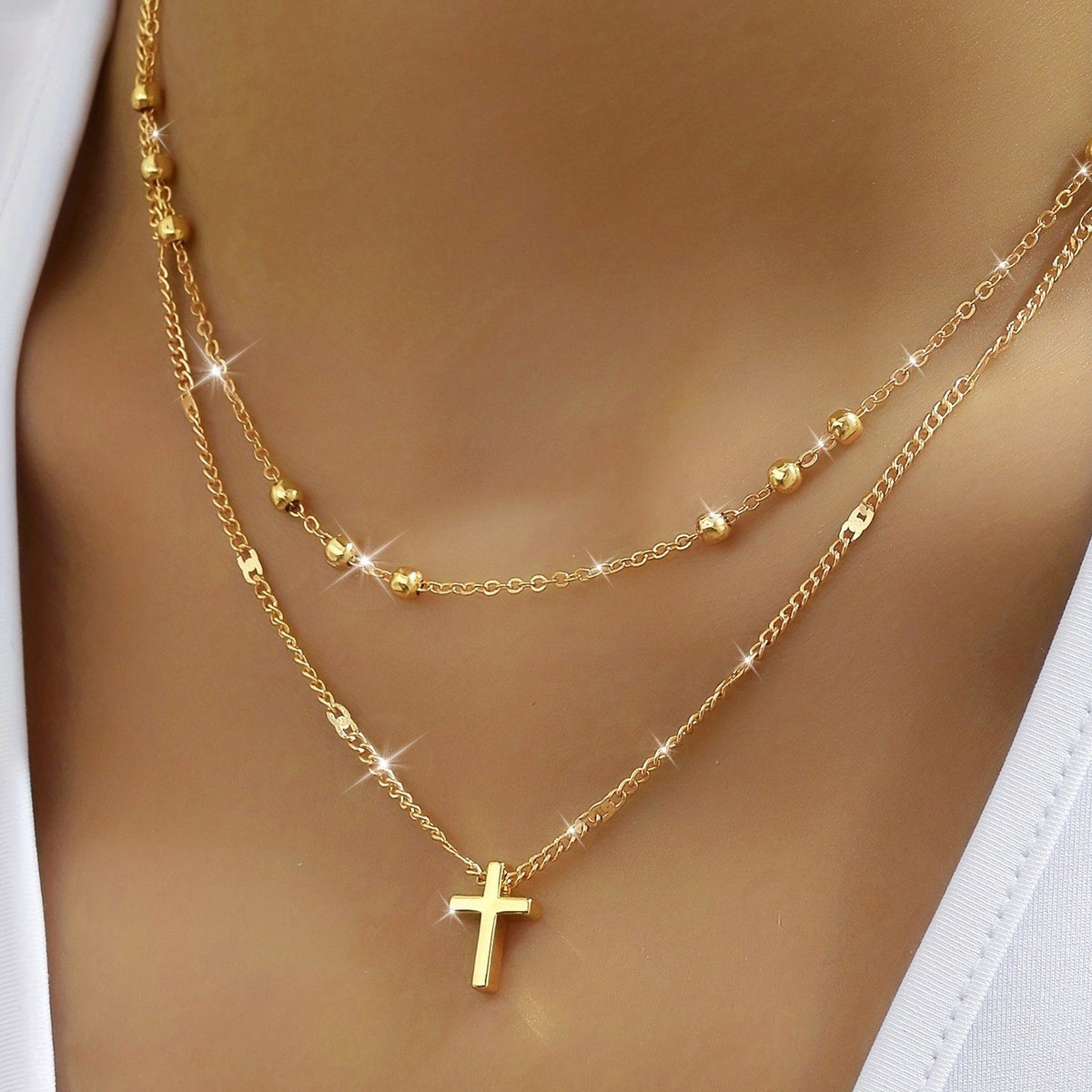 Dainty Layered Cross & Bead Necklace