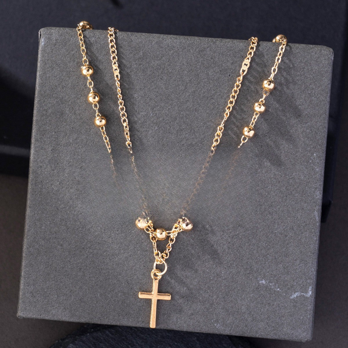 Dainty Layered Cross & Bead Necklace