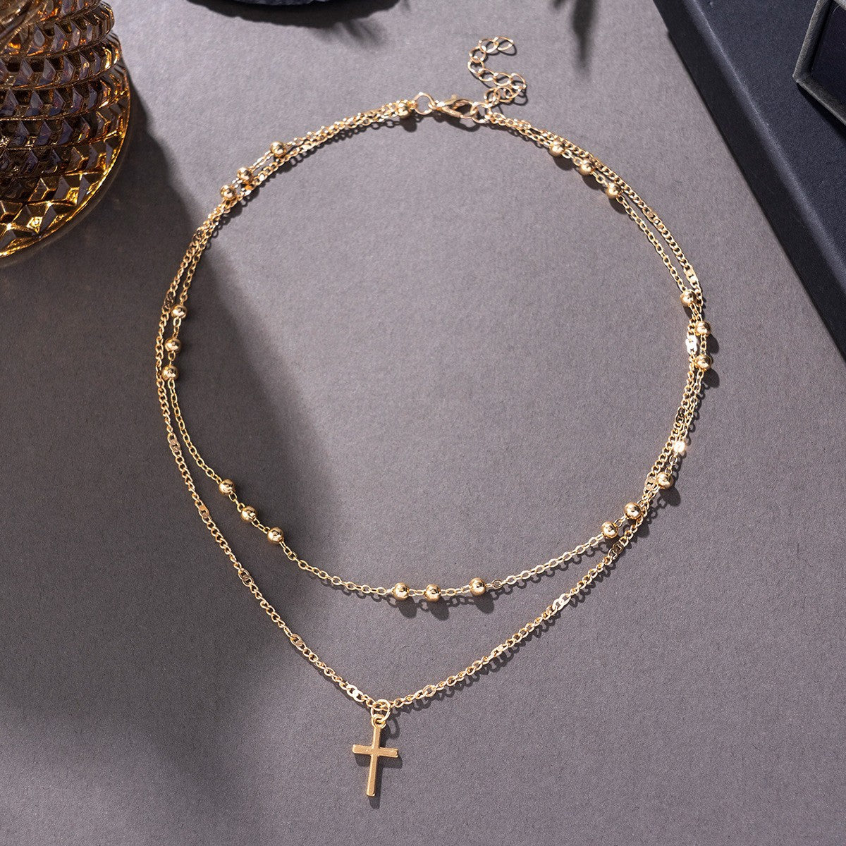 Dainty Layered Cross & Bead Necklace