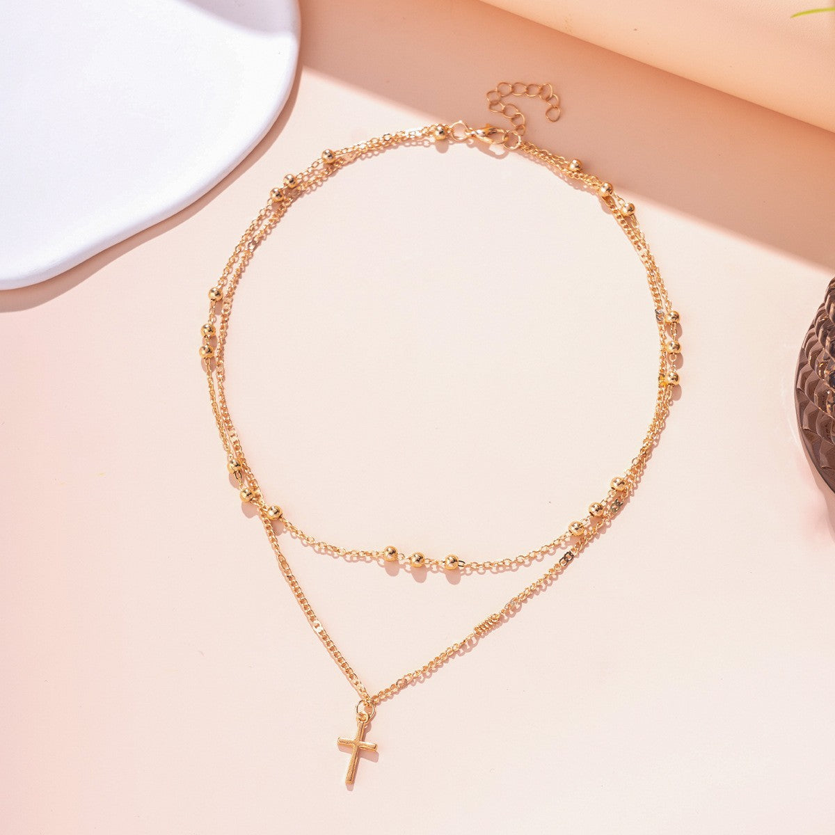 Dainty Layered Cross & Bead Necklace