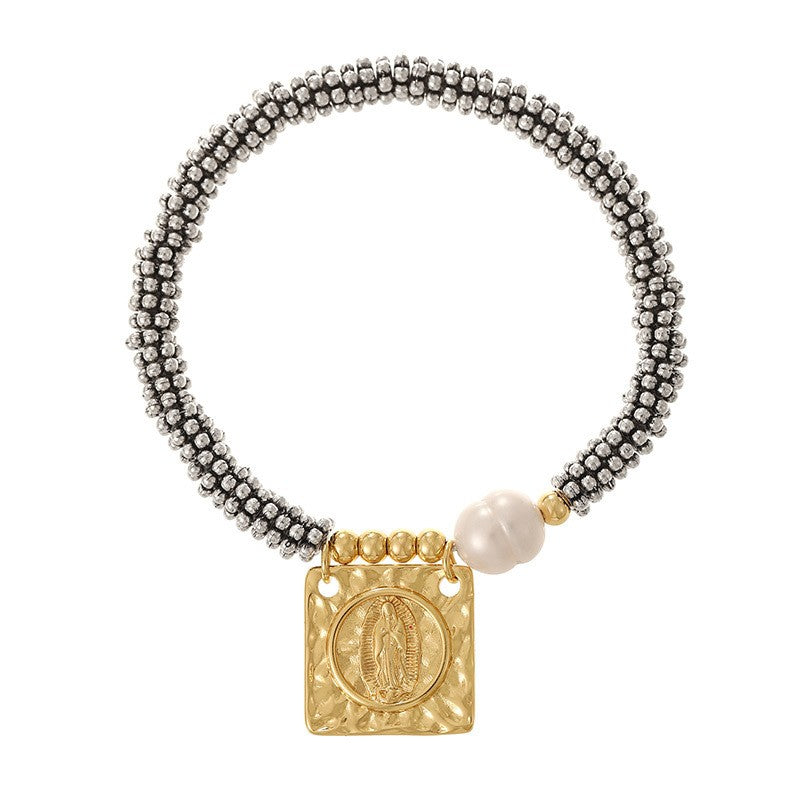 Boho Saint Medallion Faux Pearl Bracelet