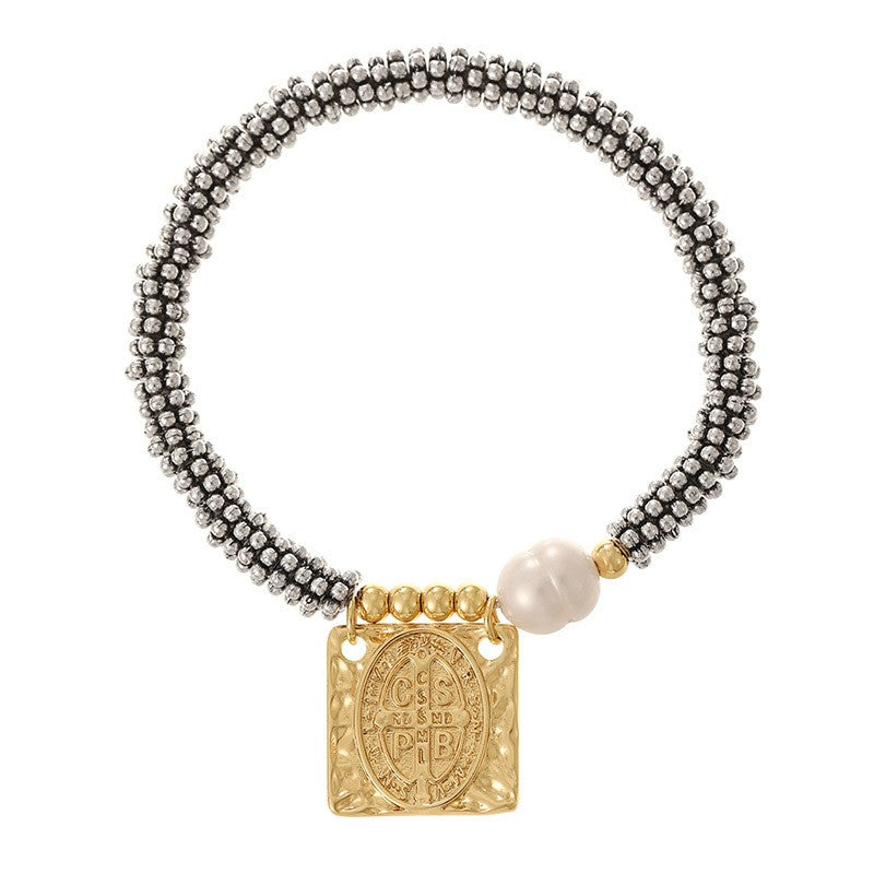 Boho Saint Medallion Faux Pearl Bracelet