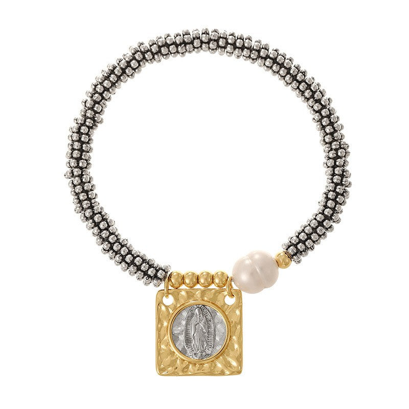 Boho Saint Medallion Faux Pearl Bracelet