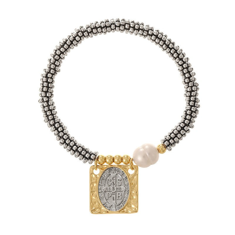 Boho Saint Medallion Faux Pearl Bracelet
