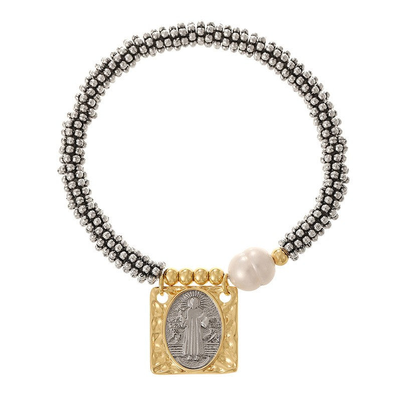 Boho Saint Medallion Faux Pearl Bracelet