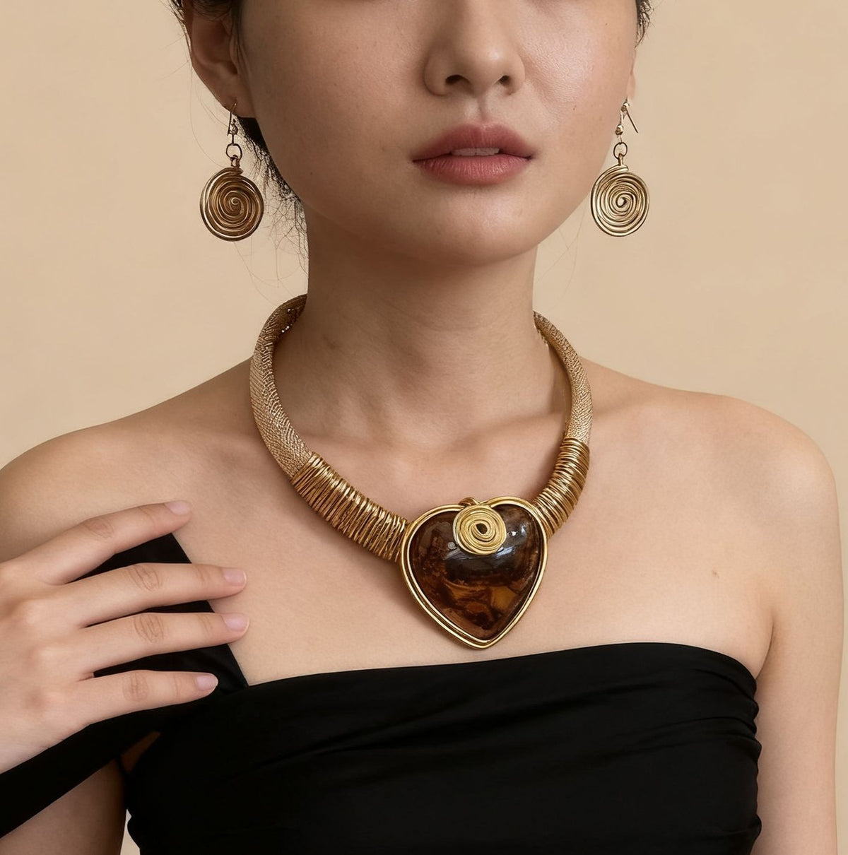 Boho Woven Amber Heart Necklace & Earring Set
