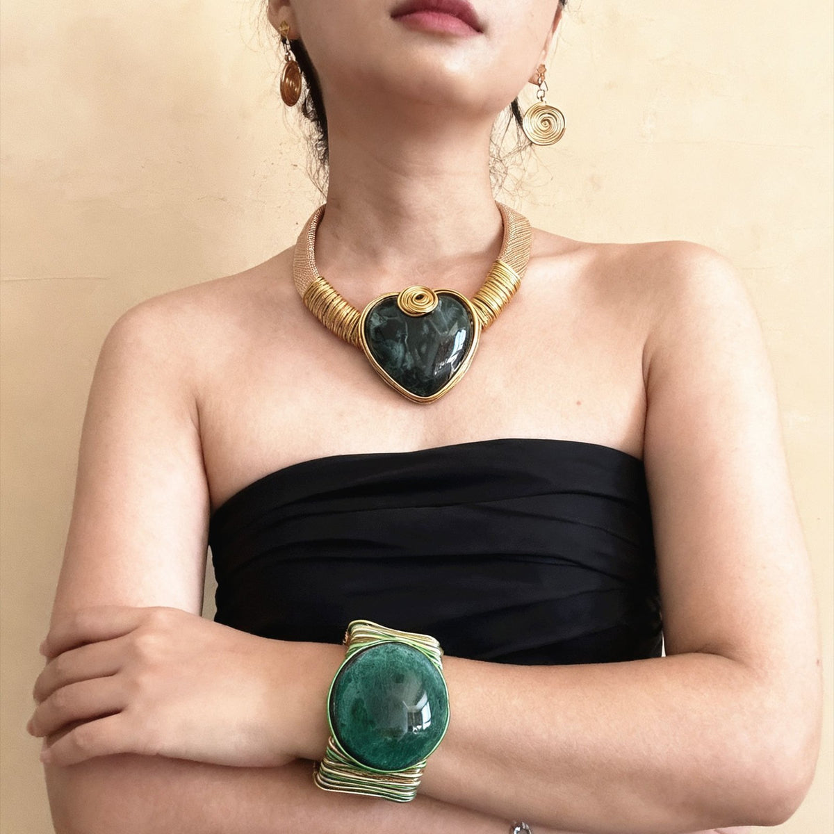 Boho Woven Amber Heart Necklace & Earring Set
