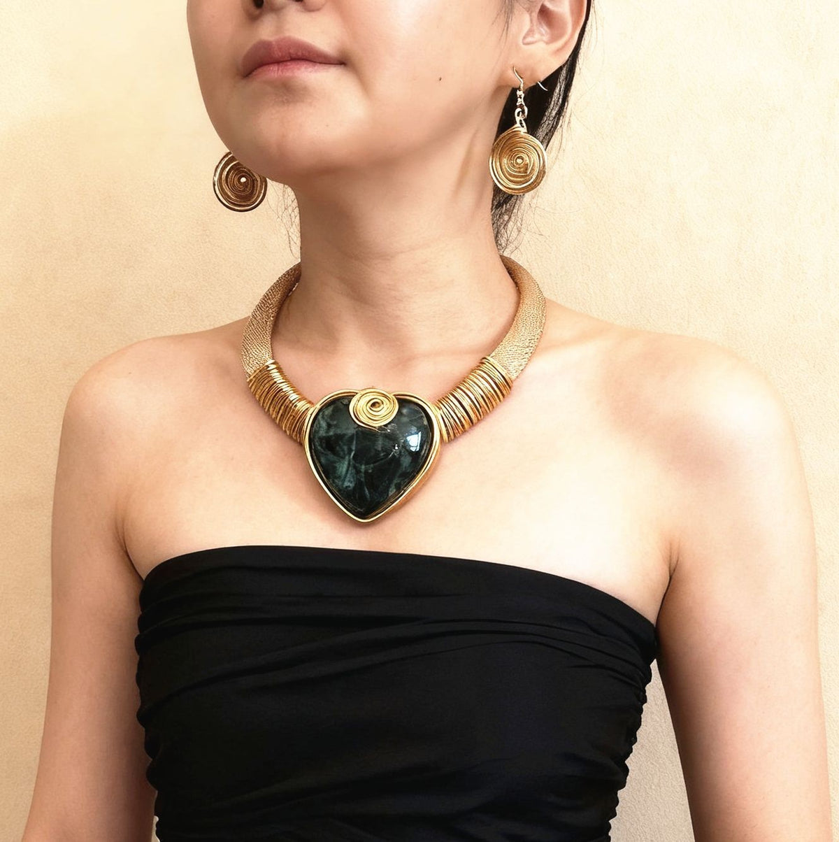 Boho Woven Amber Heart Necklace & Earring Set