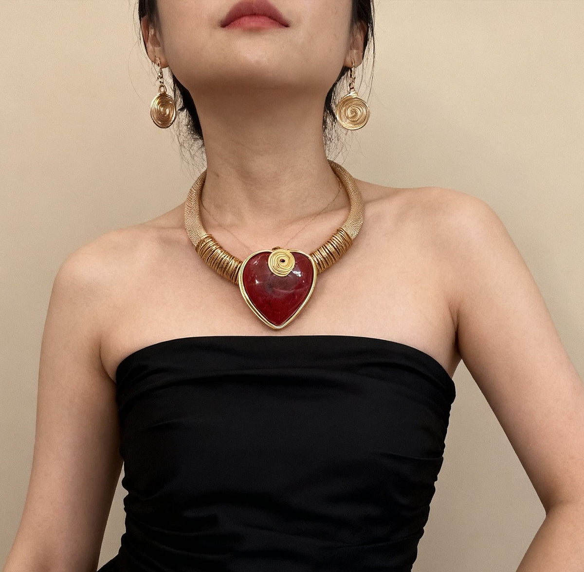 Boho Woven Amber Heart Necklace & Earring Set