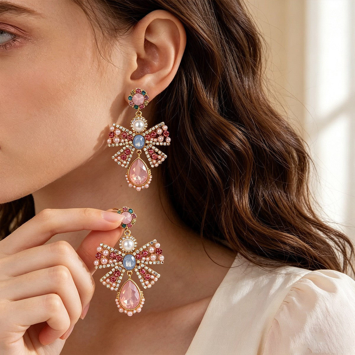 Romantic Colorful Gem Bow Drop Earrings