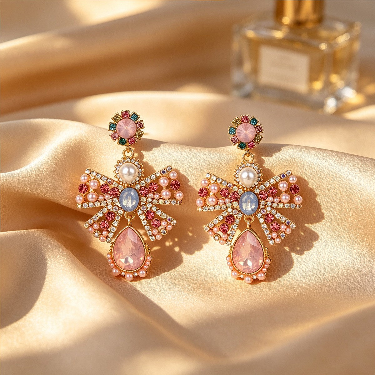 Romantic Colorful Gem Bow Drop Earrings