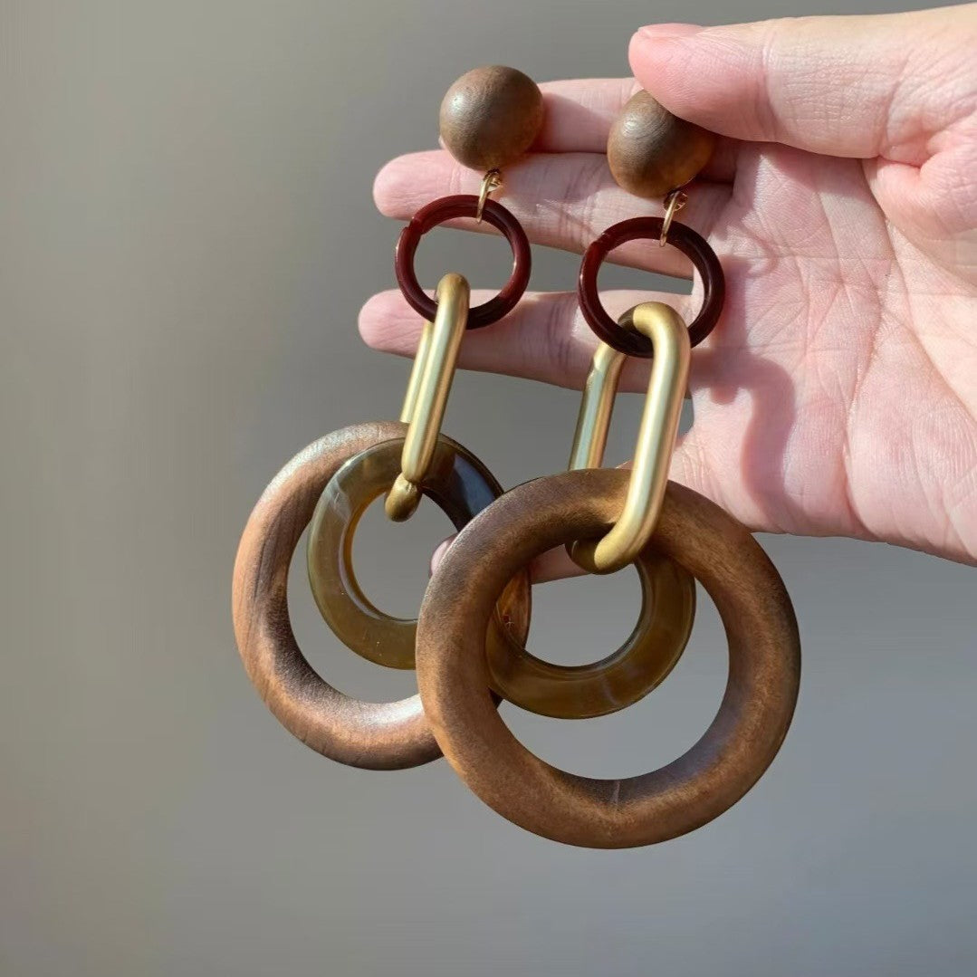 Vintage Wood Geometric Link Dangle Earrings