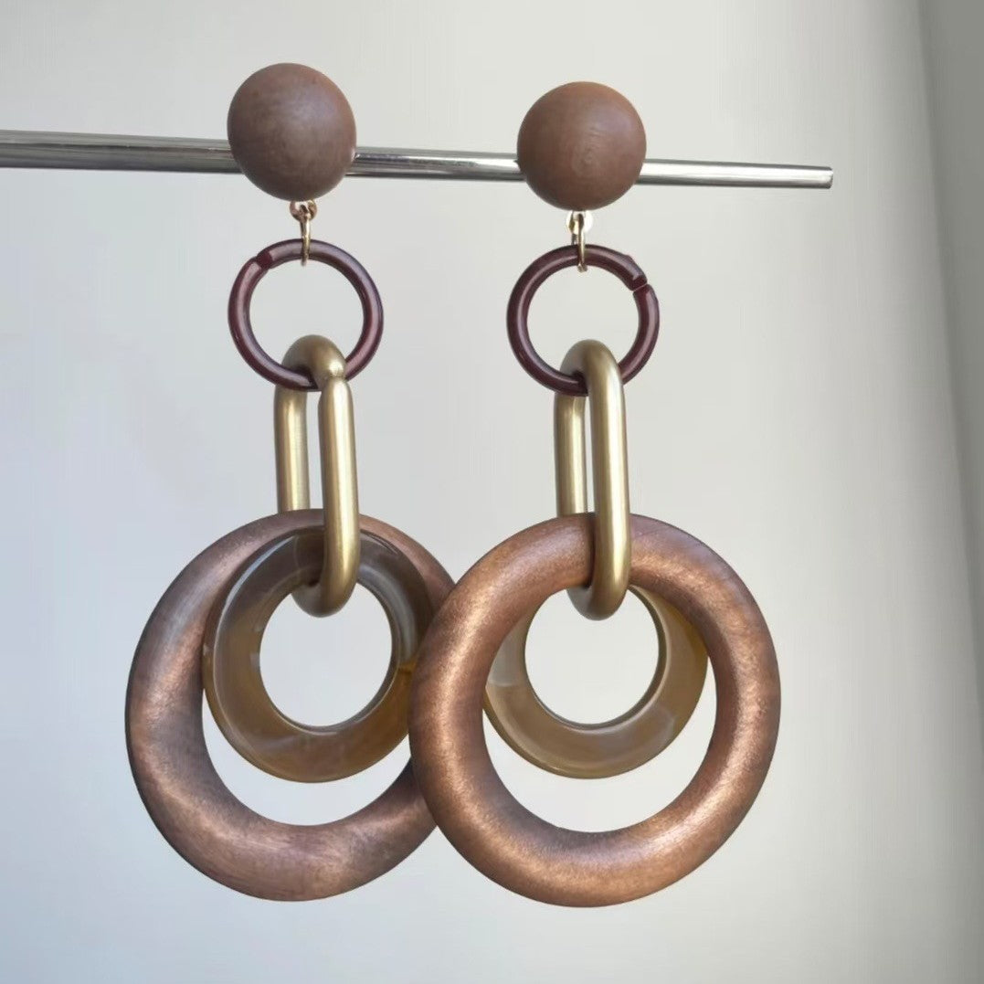 Vintage Wood Geometric Link Dangle Earrings