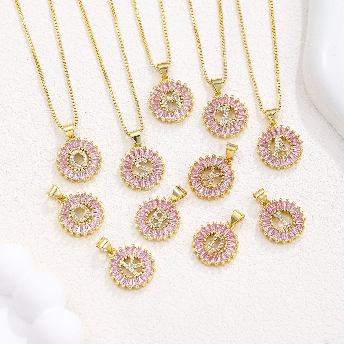 Dainty Pink Baguette Zirconia Initial Necklace
