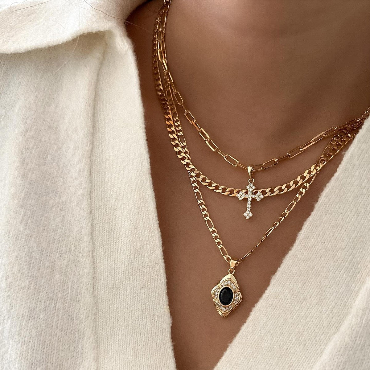 Vintage Layered Cross and Evil Eye Necklace