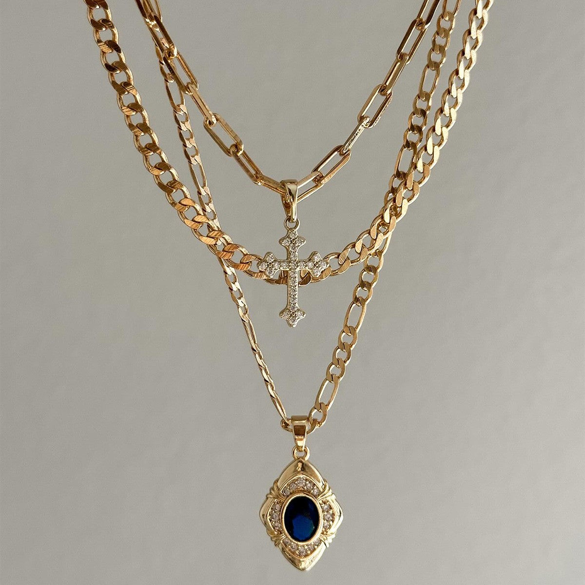 Vintage Layered Cross and Evil Eye Necklace