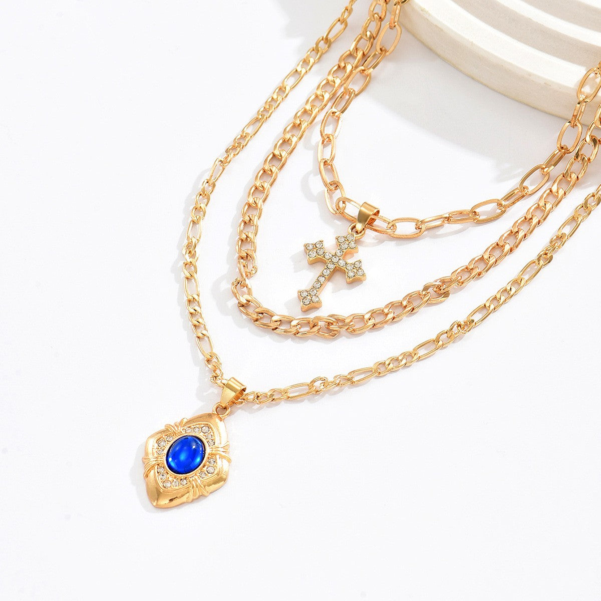Vintage Layered Cross and Evil Eye Necklace