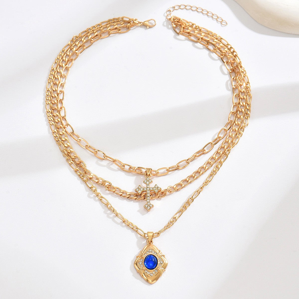 Vintage Layered Cross and Evil Eye Necklace