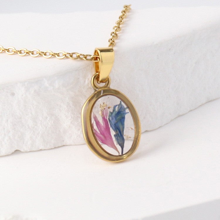 Dainty Pressed Flower Oval Necklace