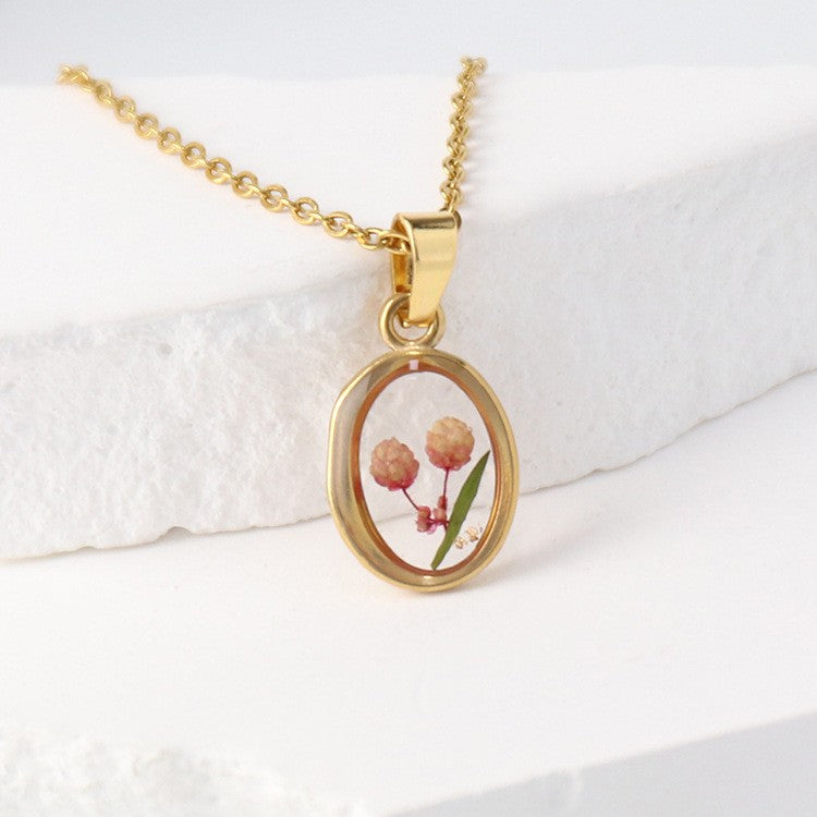 Dainty Pressed Flower Oval Necklace