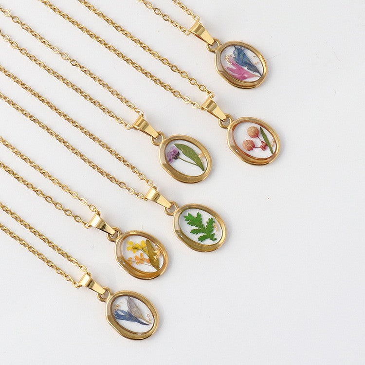 Dainty Pressed Flower Oval Necklace